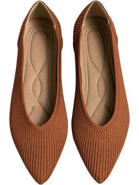 Womens Brown Pointed Toe Knit Ballet Comfortable Dressy Solid Slip On Flat Shoes
